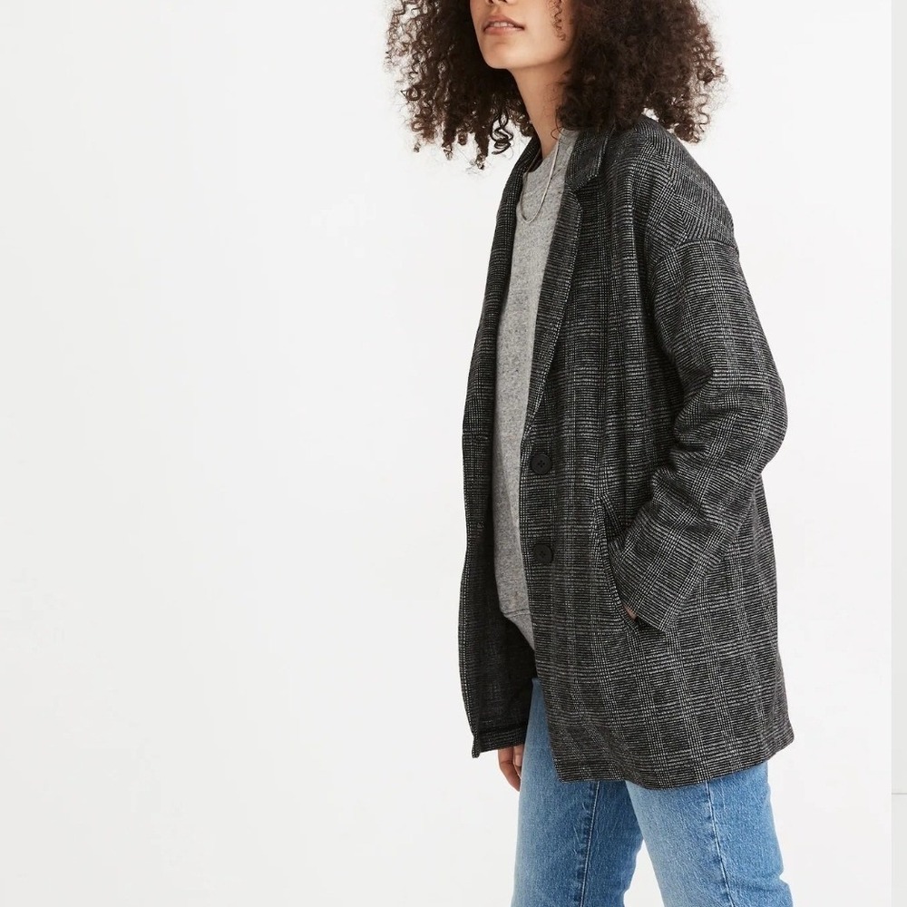 Madewell Glen Plaid Knit Blazer Black White Gray Relaxed Fit Notched Lapel Small